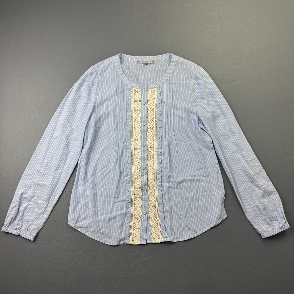 Daniel Rainn Womens S Blue Striped Lace Boho Long Sleeve Tunic Blouse Casual Top